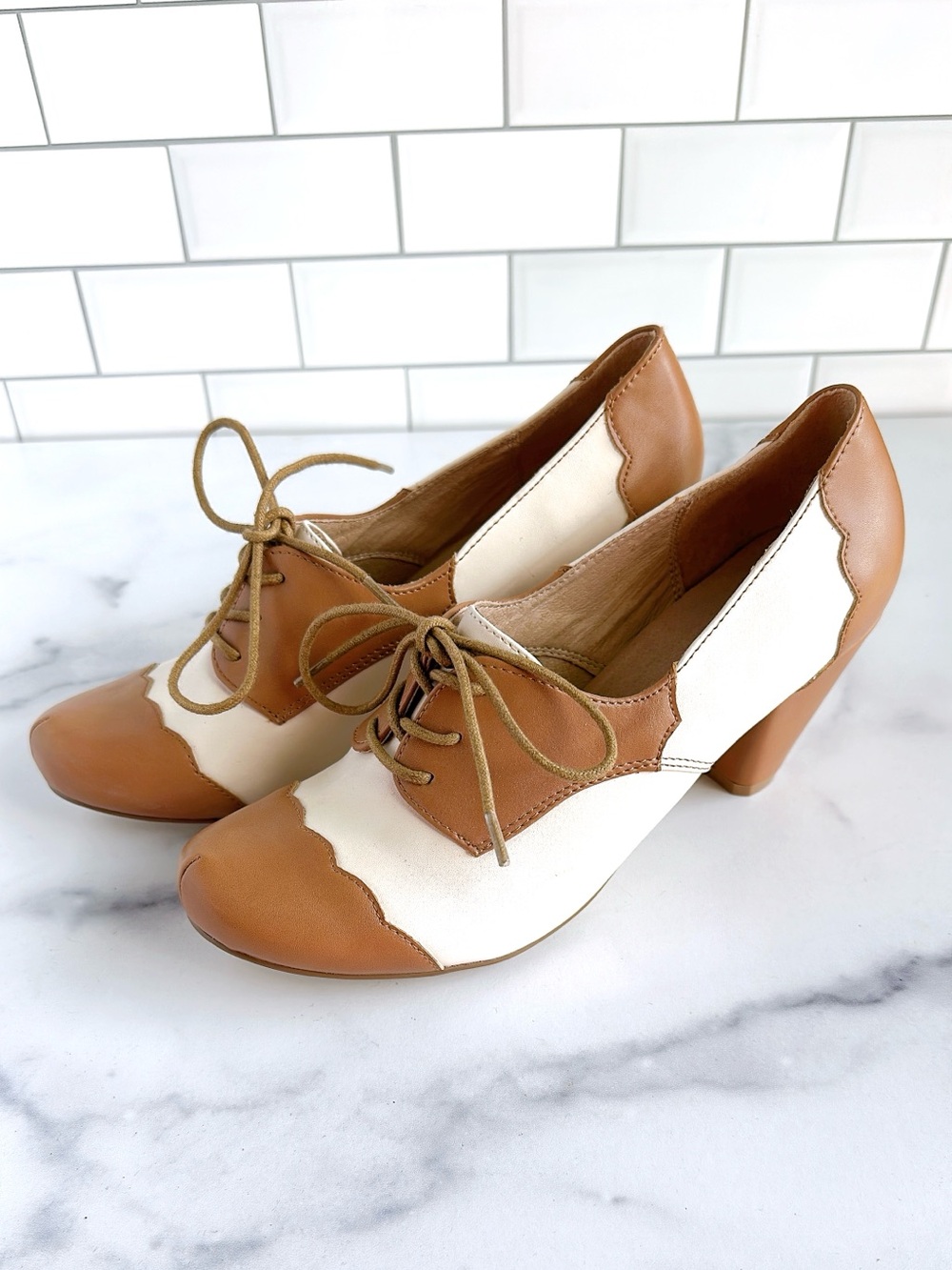 chelsea crew Two-Tone Lace-Up Heels in Cream and Tan - Picture 4 of 6